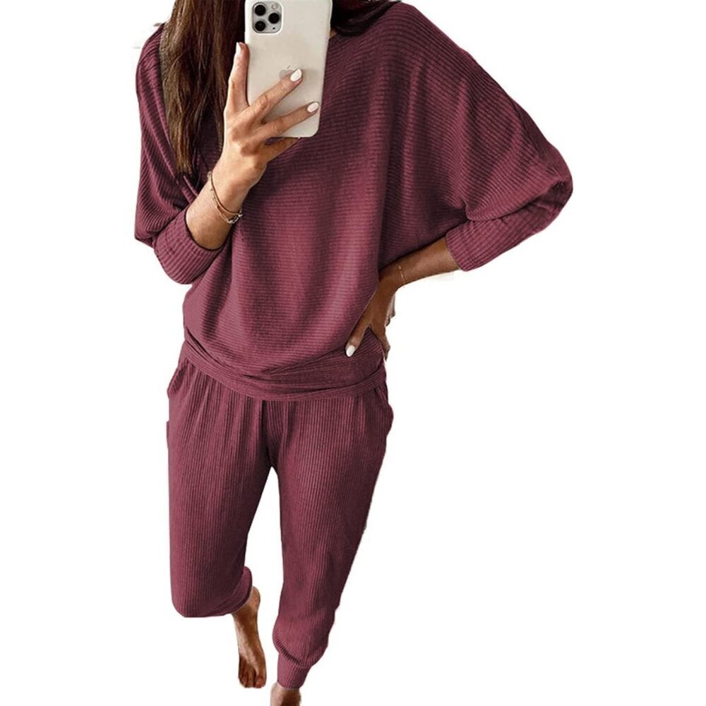 Women's Ribbed Two Piece Lounge Set Long Sleeve Tops Slim Pants Fall Spring